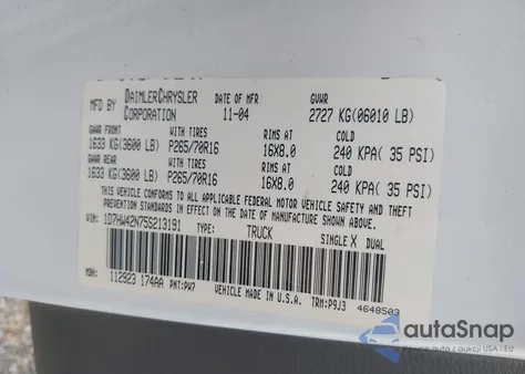 2005 Dodge Dakota Slt из США, поврежденный, VIN 1D7HW42N75S213191